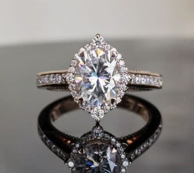 14K Rose Gold Plated 2.50 CT Oval Cut Moissanite Halo Two Tone Engagement Ring