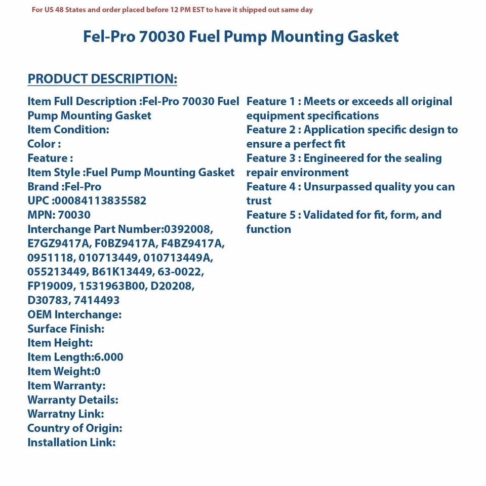 Junta de montaje de bomba de combustible Fel-Pro 70030 | Autopieza de alta calidad, ajuste universal Foto 4 de 4