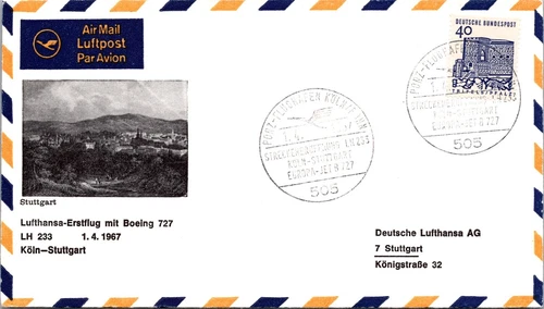 Germany FDC 1967 - Lufthansa's First Flight - Cologne to Stuttgart - F64456