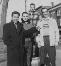 1950s Men Smiling Street Scene Friends Group City Buildings Background