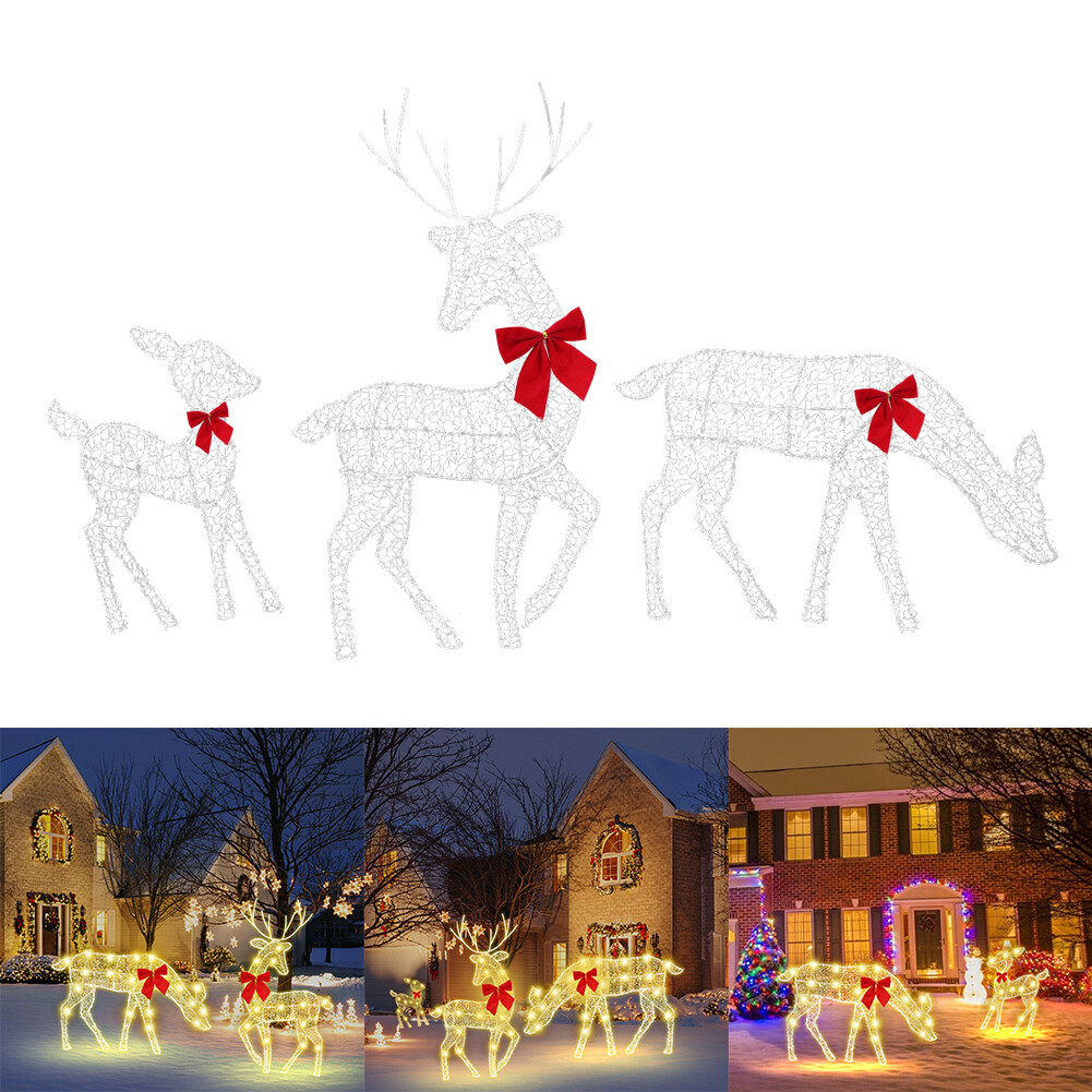 3Piece 2D Reindeer Gold Scarf Large Christmas Deer with Red Bows+Mesh