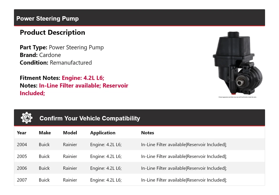 适用于 2004 - 2007 年别克 Rainier 4.2L L6 动力转向泵 Cardone 2005 2006 — 第 2/4 张图片