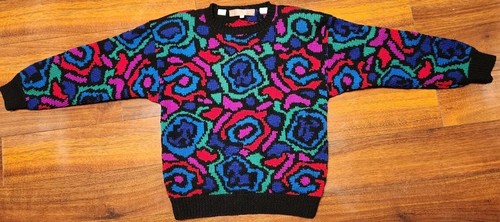 Perry Ellis 100% Wool Sweater Hand Knit Women S Small Multicolor Geometic Groovy - Picture 5 of 8