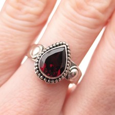 925 Sterling Silver Vintage Real Red Garnet Teardrop Oxidized Ring Size 7.75