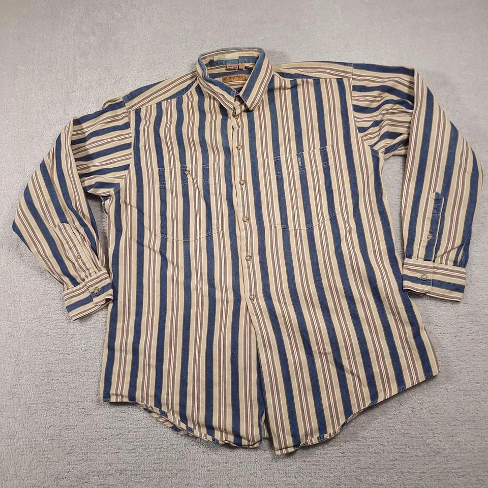 Camisa vintage tallada con volantes para hombre XL beige azul a rayas manga larga EE. UU. AÑOS 90 Foto 2 de 4