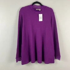 LOGO by Lori Goldstein Metallic Waffle Knit Mock Neck Top w/ Lace Size 1X Purple