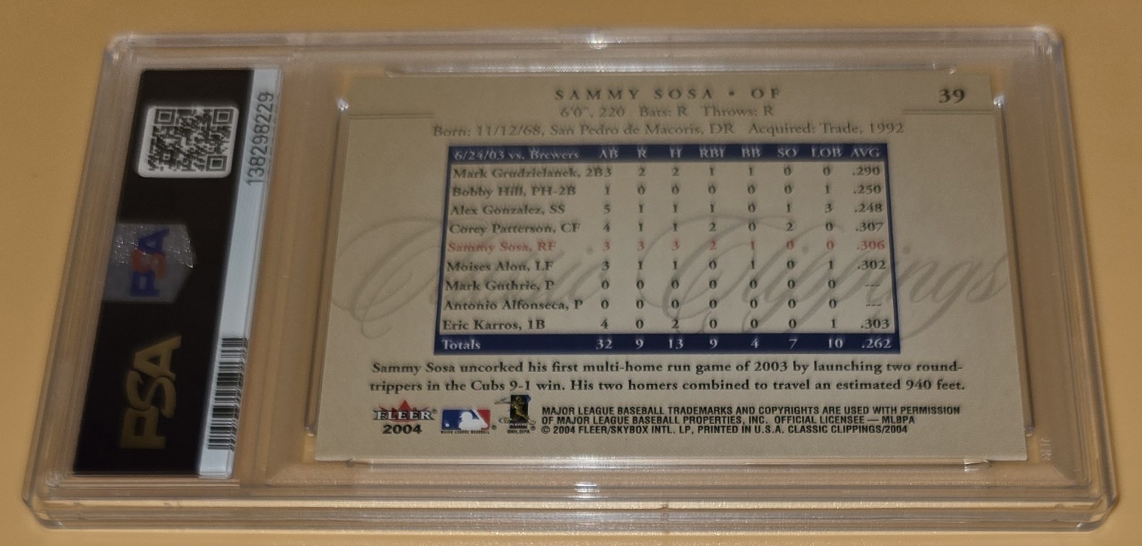 Sammy Sosa PSA 10 Low Pop 2004 Fleer Baseball Classic Clippings Chicago Cubs view 12