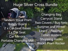 HUGE SILVER CROSS BUNDLE Tandem Wave Pram Car Bases Car Seats Rockit Bassinet