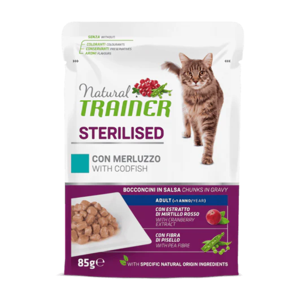 NATURAL TRINER CAT ADULT BUSTINE STERILIZZATO CON MERLUZZO 85 GR.