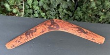 Handcarved Wood Boomerang W/Carvings Of A Hunter, Kangaroos Plants 16