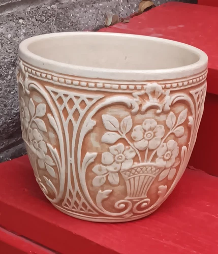 Weller Clinton Ivory Pottery Jardiniere Planter Potted Flowers