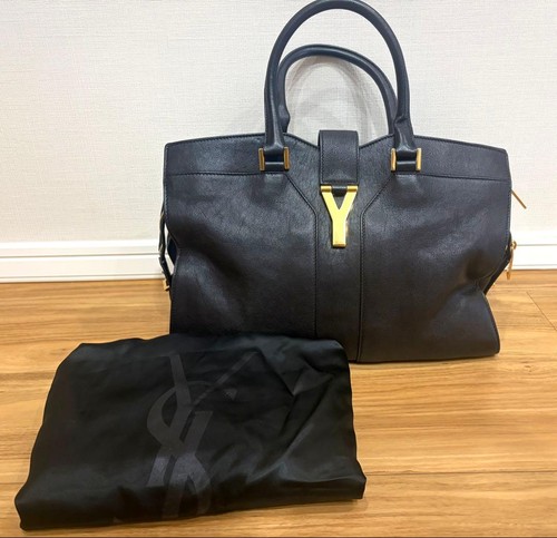 YSL Saint Laurent Cabas Y-Line Handbag Shoulder Bag Tote Black Leather Women's