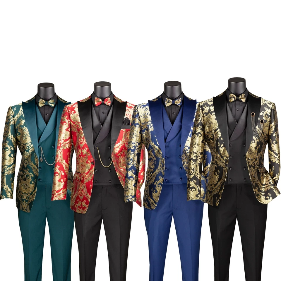 Vinci Men's Modern Fit 3-Piece Suit with Matching Bowtie Emerald Gold - Image 3 of 3