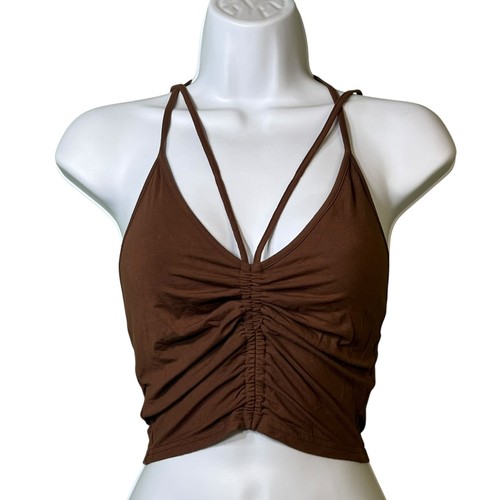 I AM GIA Crop Top Women's Small Brown Ruched Strappy Bamboo Spandex Stretch Y2K
