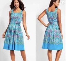 EUC Talbots blue paisley sleeveless A-line pleated summer sun dress 4p- 4petite
