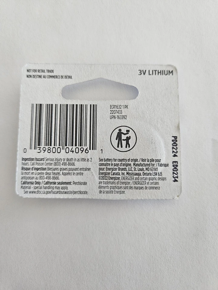 Fast Shipping -1-PK -CR1632 -Energizer 3V  Batteries - Car Fobs- EX Date 2029 - Image 2 of 2