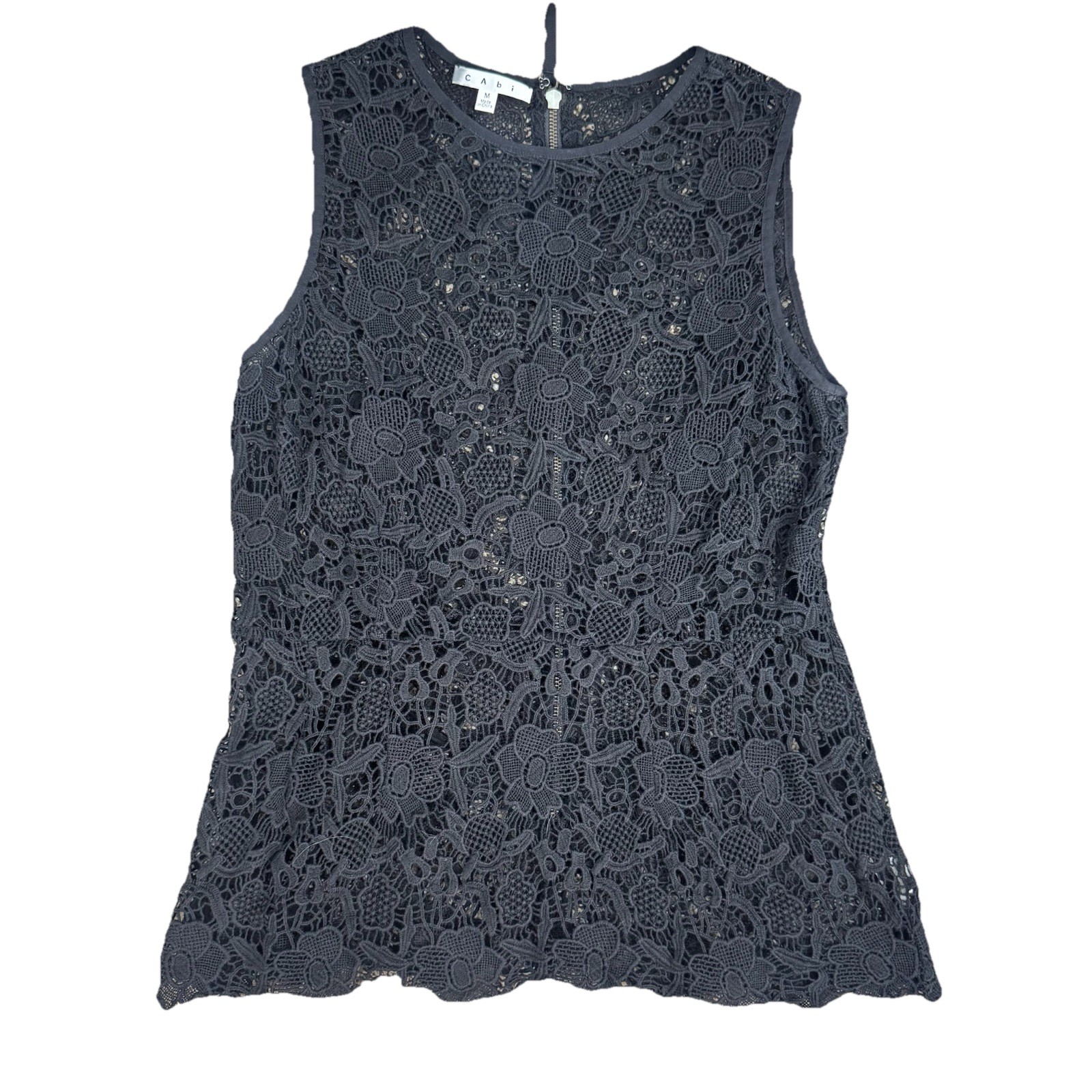 CAbi Crochet Lace Peplum Sleeveless Blouse Gray Floral Women M Boho Top