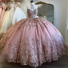 Pink Quinceanera Dresses Shiny Lace Sequin Appliques Tiered Ball Gowns Sweet 16