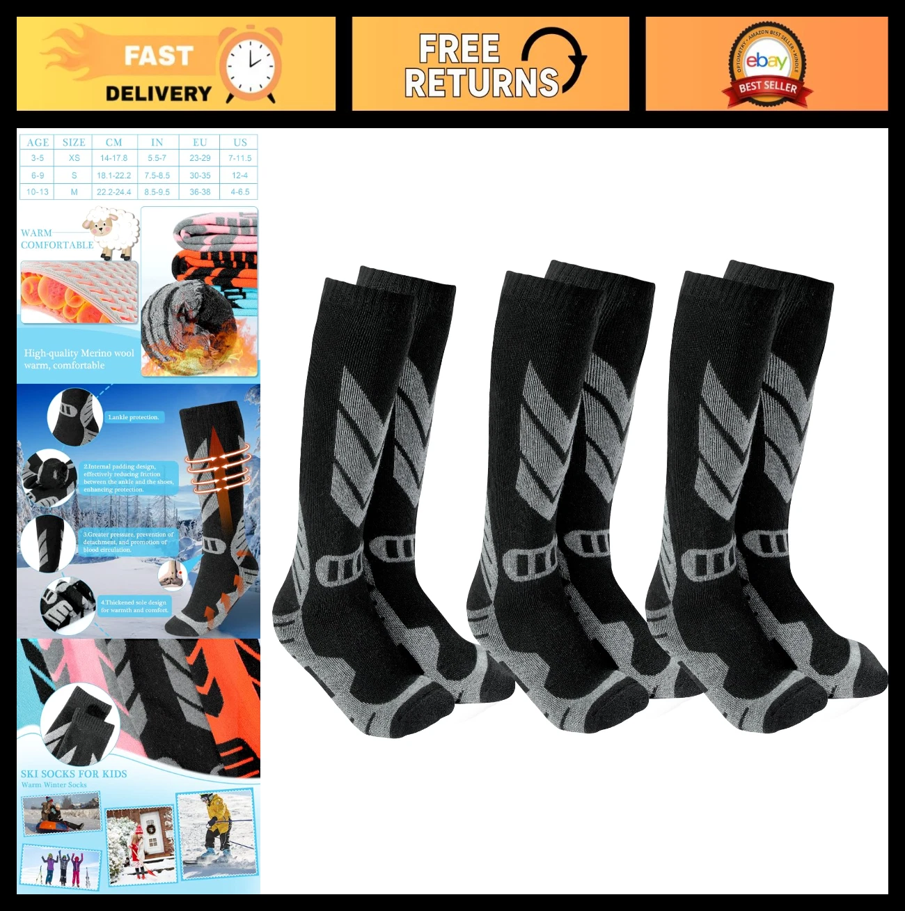Warm Kids Ski Socks - 2 Pairs Merino Wool Thermal Winter Socks for Boys & Girls