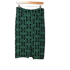 Maeve Anthropologie Green Black Geometric Textured Pencil Skirt Front Slit M