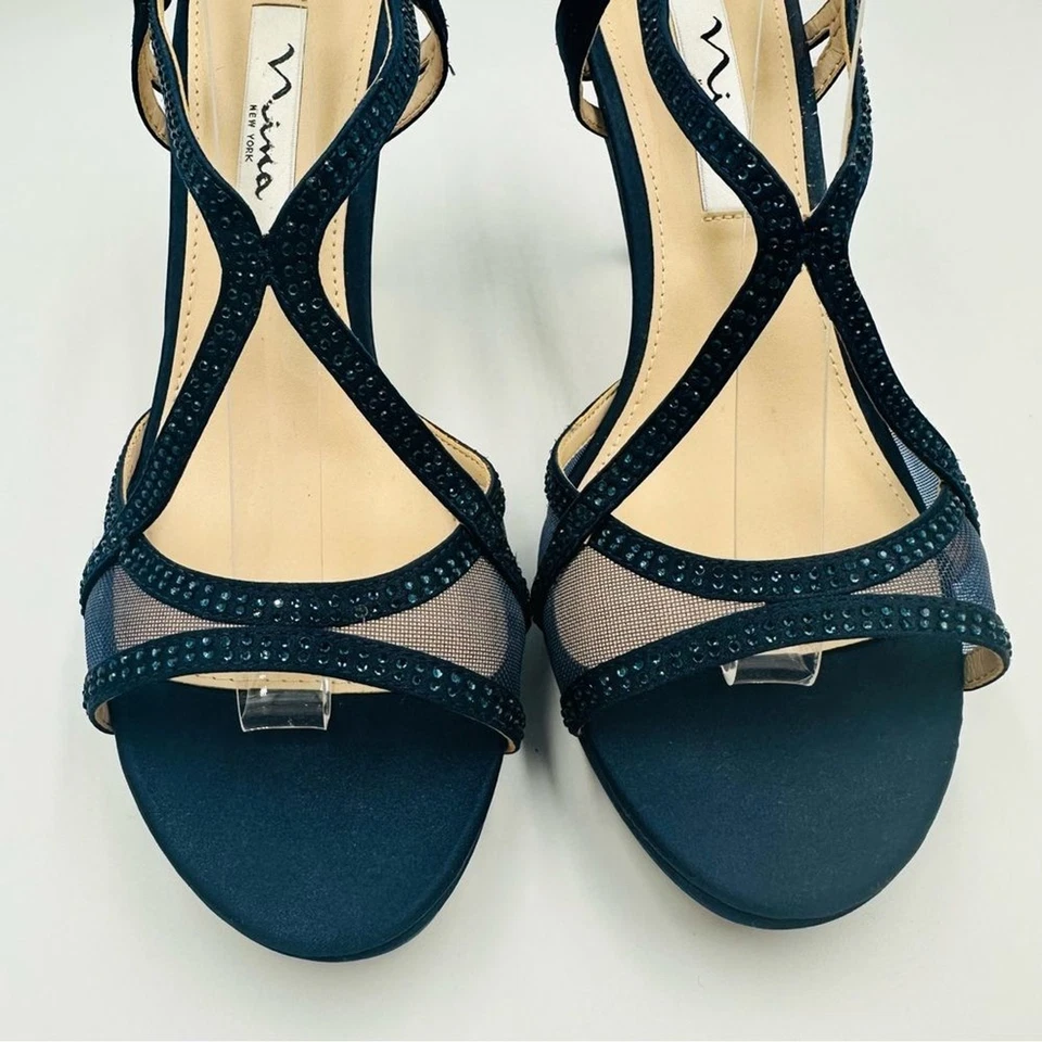 Nina Azul Marino Estrás Malla Tirantes Tacones Talla 8 Elegantes Elegante Sandalias Fiesta Foto 4 de 4