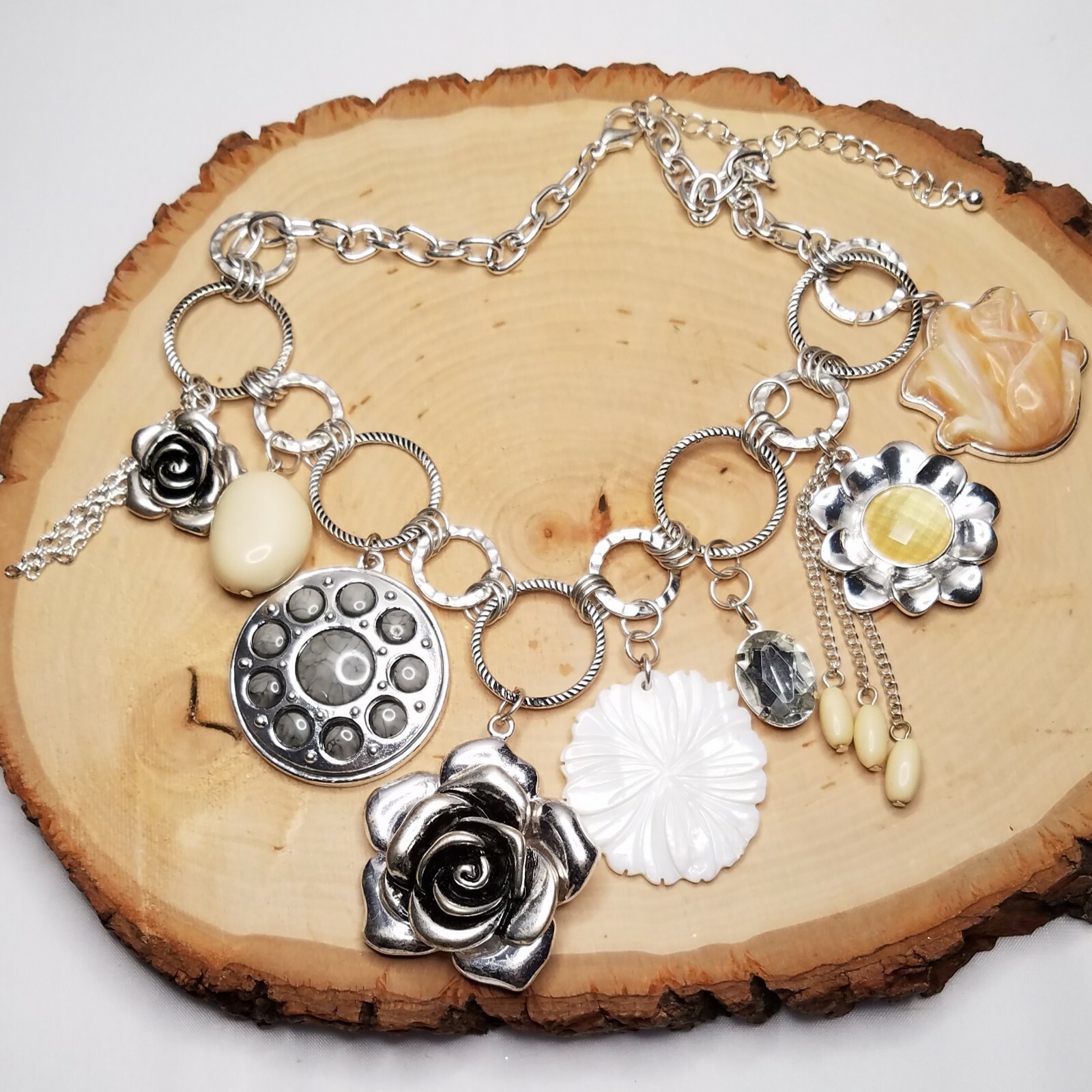 Bold Chunky Statement Flower Rose Shell Silver To… - image 1