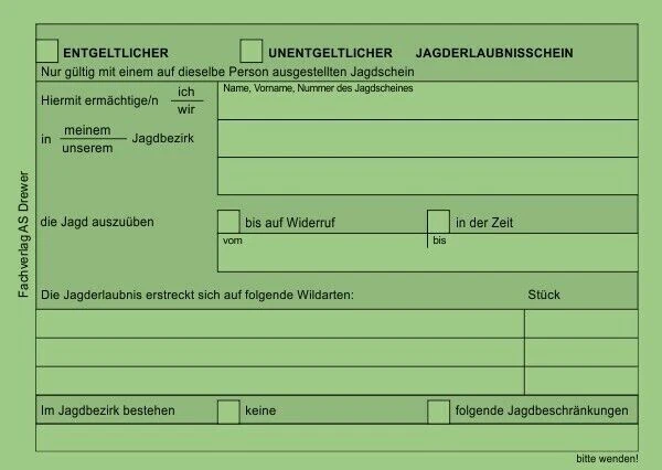 AS-DREWER 50 Stück Jagderlaubnisschein Block Begehungsscheine Grün Jagdpacht Jagderlaubnis