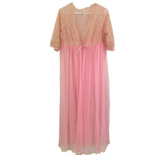 Vintage 70s Nightgown Lingerie Pink Lace Tie Front Short Sleeve Sheer Size L