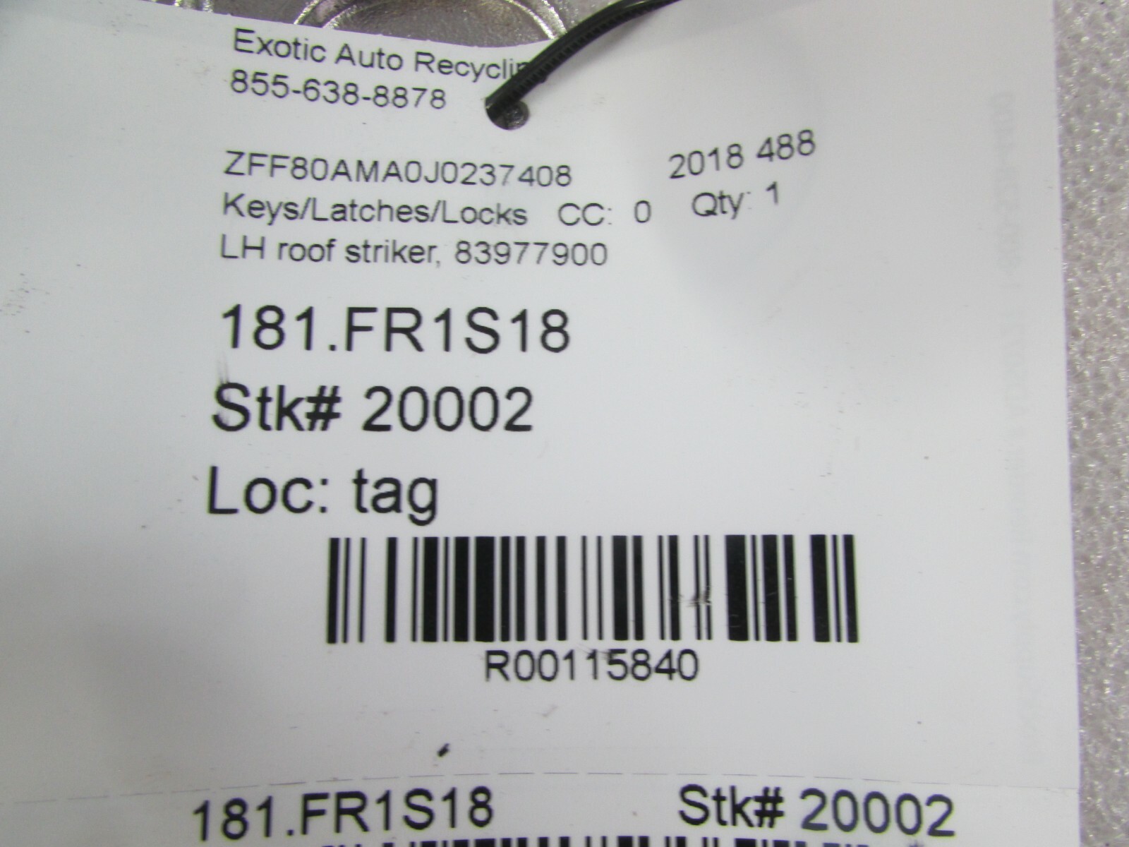 Ferrari 488 Spider, LH, Left Roof Striker, Latch, Used, P/N 83977900