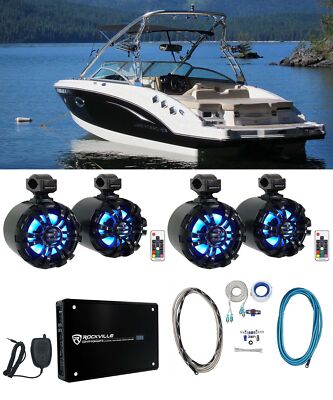 4) Rockville 6.5'' LED Swivel Black Marine Wakeboard Speakers+Amplifier+Amp Kit