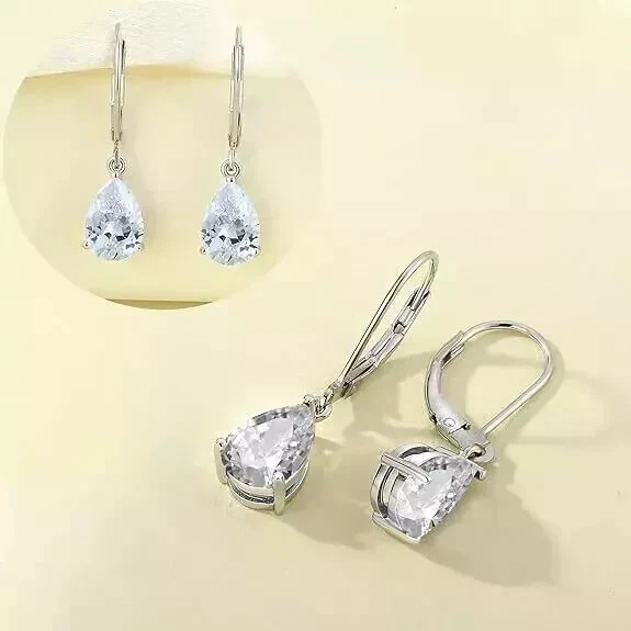 3Ct Pear Cut Real Moissanite Women's Dangle Drop Earring 14k White Gold Plated - Image 2 of 4