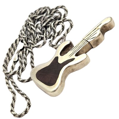 EXTREMELY RARE VINTAGE NAVAJO Realistic Wood & Sterling Silver Guitar Necklace 