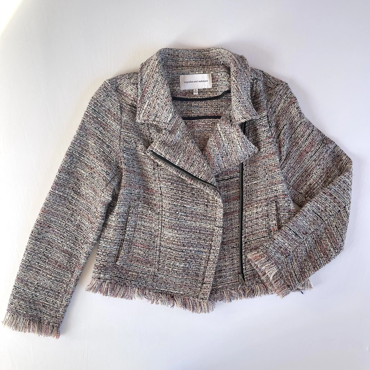 CUPCAKES CASHMERE Tweed Moto Style Jacket Size Large Runs