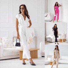 Jumpsuit Elastic Waist Women's Clothing Short-Sleeved Solid Color Commute V-neck