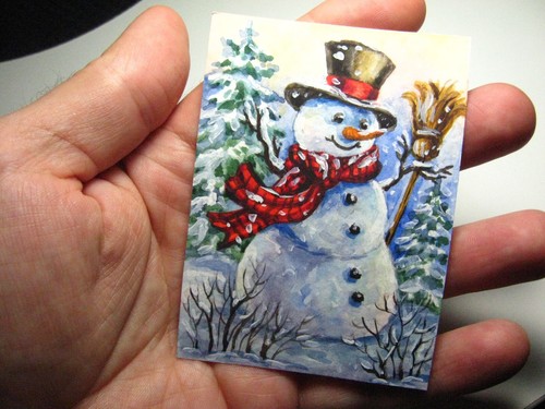 Pintura Acuarela Muñeco de Nieve Nieve Invierno Copo de Nieve Pino Naturaleza Arte ACEO - Imagen 2 de 2