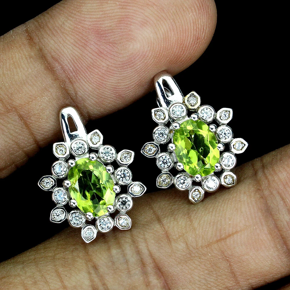 925 Sterling Silver Earrings Oval Peridot 8x6mm Simulated Cz Gemstone Jewelry - Image 2 of 4