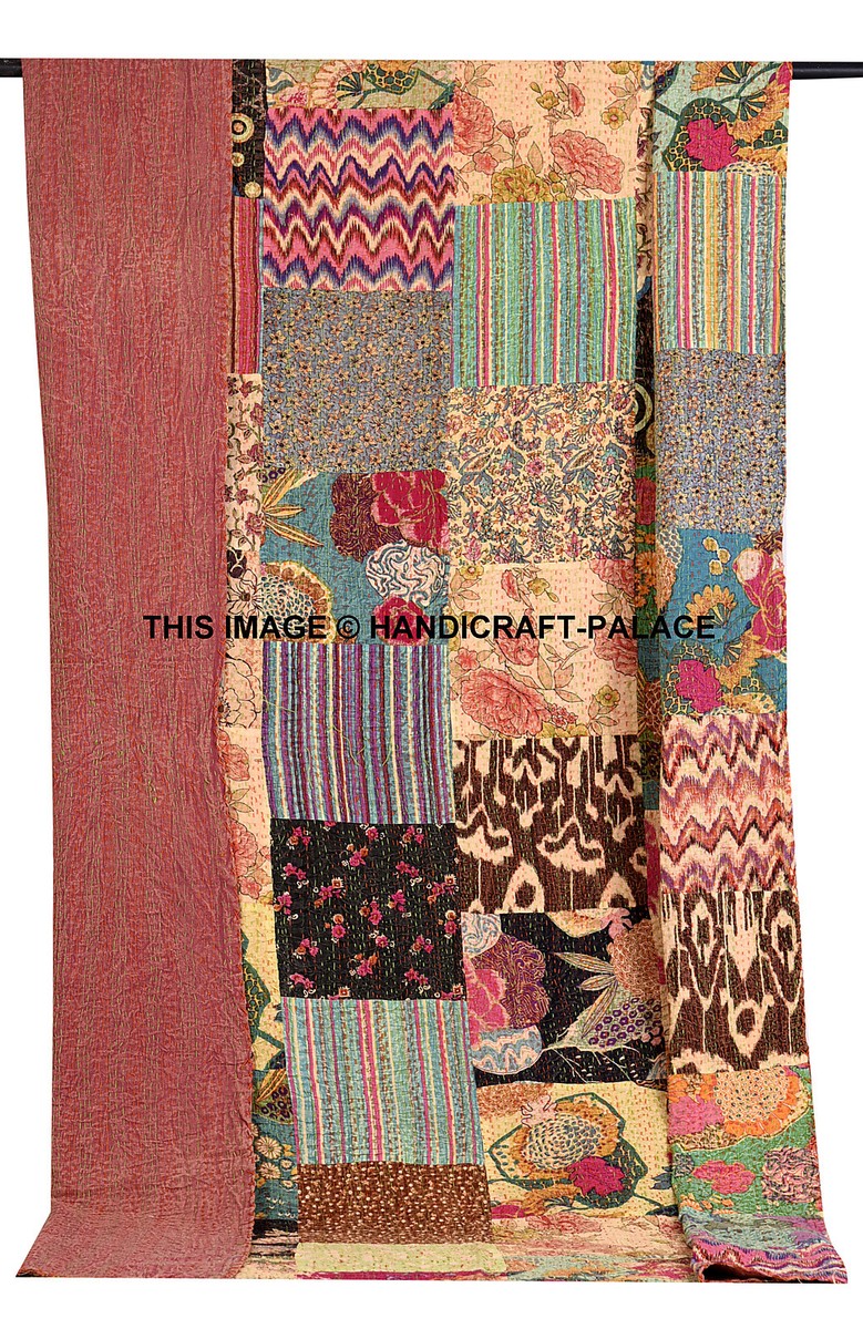Trapunta Kantha In Cotone Fatta A Mano - Yuvancrafts - Stampa Floreale Tradizionale, Blu, 200x150 Cm
