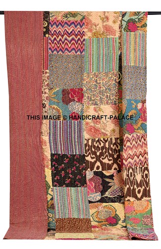 Couverture Patchwork Kantha Indien Vintage - Brodée Main, Coton, Beige, Format Twin