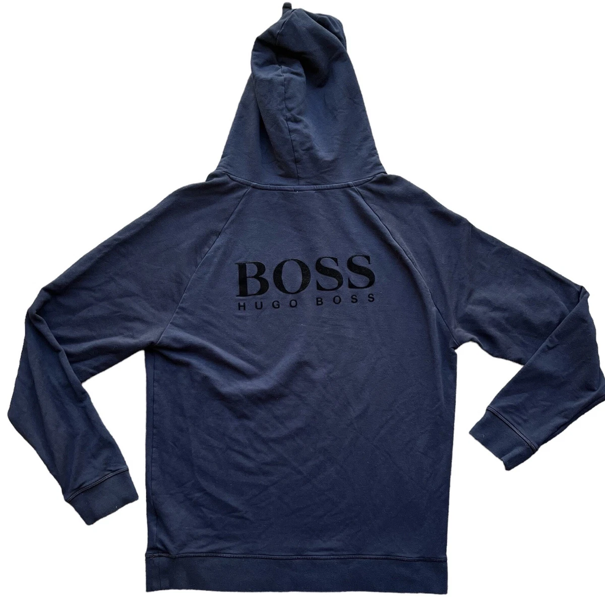 HUGO BOSS Mens Stretch Pullover Hoodie Size Medium Navy Spell Out