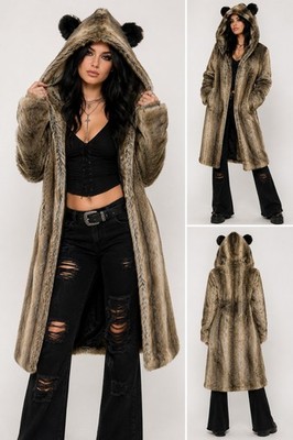 Y2K Jenniferm Faux Fur Hooded Bear Ear Coat Women XL Festival Goth Rave Jacket