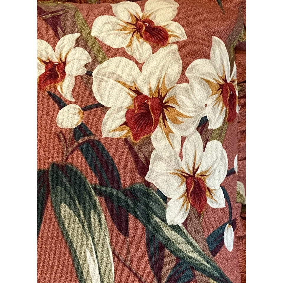 MCM Barkcloth Throw Pillow Decor Tropical White Orchid Design Billowy Fringe - Image 4 of 4