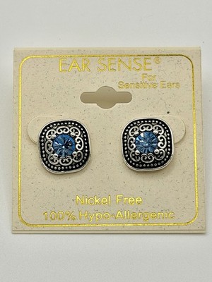 Ear Sense Blue Crystal Stud Earrings Silver Tone Square Filigree 14mm