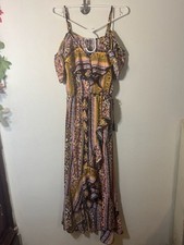 Hint of Blush Dress Woman Boho Paisley High-Low Cold Shoulder Maxi Dress, Size L