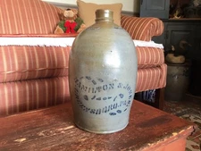 ANTIQUE SEMI OVOID  DECORATED STONEWARE CROCK JUG HAMILTON & JONES GREENSBORO PA