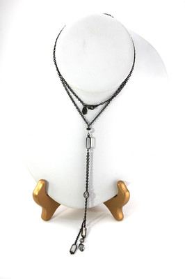 Robert Rose Blackened Chain Y-Drop Necklace Clear Bezel Set Clear Crystals