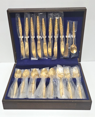 50 Pcs Riviera Golden Bouquet Gold Plated Stainless Steel Flatware 8 Place Set 2