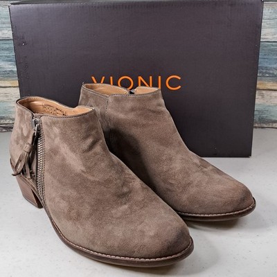 Vionic Serena Suede Ankle Boots Women's Size US 8.5 Taupe Zipper Block Heel