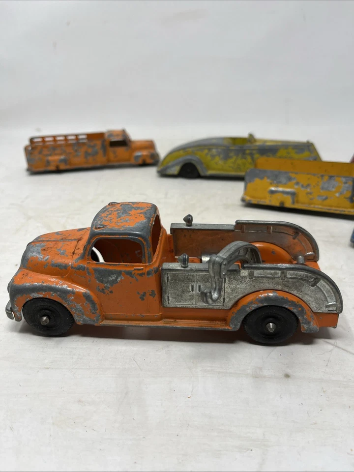 Vintage Cast Iron Cars Trucks Toy Lot Tootsietoy Hubley Die Orange Yellow Blue - Image 4 of 4