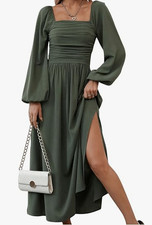 Floerns Women's Square Neck Lantern Long Sleeve Split Ruched Midi Dresse