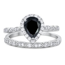 Two Piece Pear Teardrop Natural Black Onyx Halo Bridal Ring 925 Sterling Silver
